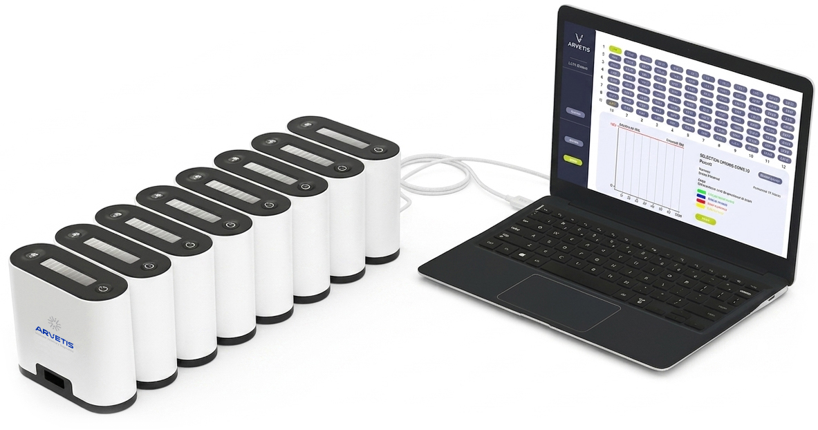 ARVETIS analyzer bank connected to laptop with results dashboard